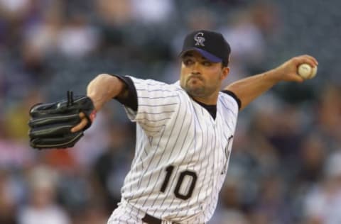 DENVER – SEPTEMBER 19: Pitcher Mike Hampton #10 of the Colorado Rockies throws a pitch during the MLB game against the Arizona Diamondbacks on September 19, 2001 at Coors Field in Denver, Colorado. The Rockies won 8-2. (Photo by Brian Bahr/Getty Images)