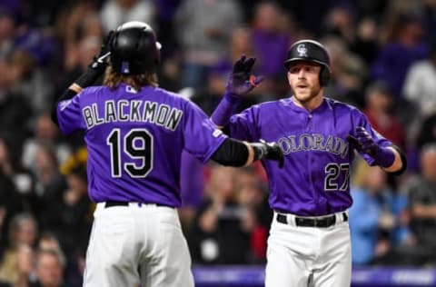 DENVER, CO – APRIL 8: Colorado Rockies shortstop Trevor Story #27 celebrates with center fielder Charlie Blackmon #19 after hitting a fifth inning 3-run homerun against the Atlanta Braves at Coors Field on April 8, 2019 in Denver, Colorado. (Photo by Dustin Bradford/Getty Images)