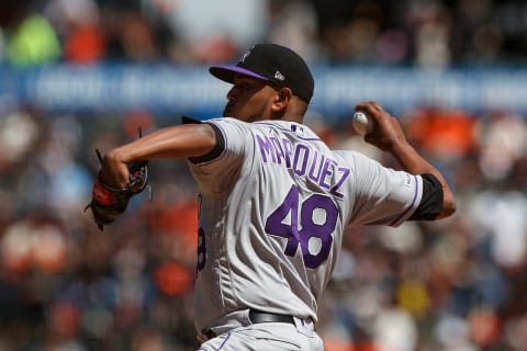 SAN FRANCISCO, CA – APRIL 14: German Marquez #48 of the Colorado Rockies against the San Francisco Giants during the first inning at Oracle Park on April 14, 2019 in San Francisco, California. (Photo by Jason O. Watson/Getty Images)