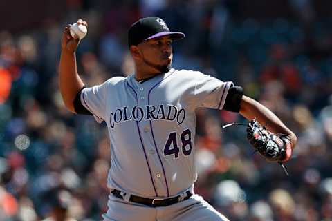 SAN FRANCISCO, CA – APRIL 14: German Marquez #48 of the Colorado Rockies pitches against the San Francisco Giants during the seventh inning at Oracle Park on April 14, 2019 in San Francisco, California. The Colorado Rockies defeated the San Francisco Giants 4-0. (Photo by Jason O. Watson/Getty Images)