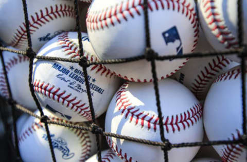 KANSAS CITY, MO – JULY 02: Baseballs on the field before the game between the Cleveland Indians and the Kansas City Royals at Kauffman Stadium on July 2, 2018 in Kansas City, Missouri. (Photo by Brian Davidson/Getty Images)