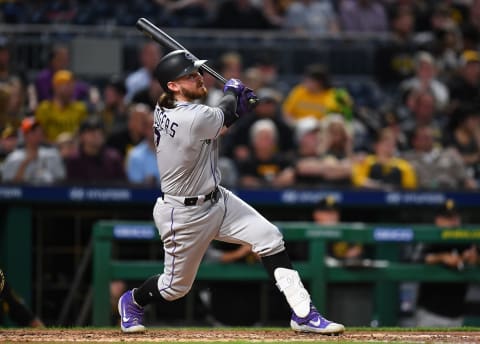 PITTSBURGH, PA – MAY 22: Brendan Rodgers #7 of the Colorado Rockies hits an RBI double in the fifth inning against the Pittsburgh Pirates at PNC Park on May 22, 2019 in Pittsburgh, Pennsylvania. (Photo by Joe Sargent/Getty Images)