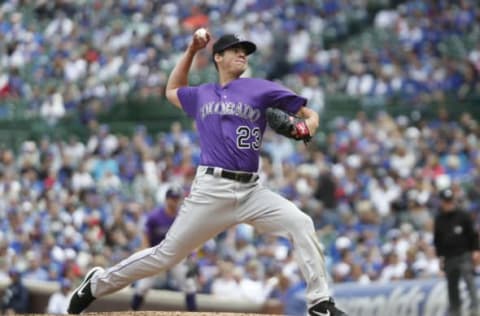 CHICAGO, ILLINOIS – JUNE 06: Peter Lambert #23 of the Colorado Rockies pitches in the third inning during the game against the Chicago Cubs at Wrigley Field on June 06, 2019 in Chicago, Illinois. (Photo by Nuccio DiNuzzo/Getty Images)