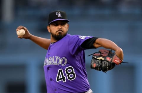 LOS ANGELES, CALIFORNIA – JUNE 21: German Marquez #48 of the Colorado Rockies pitches against the Los Angeles Dodgers during the first inning at Dodger Stadium on June 21, 2019 in Los Angeles, California. (Photo by Harry How/Getty Images)