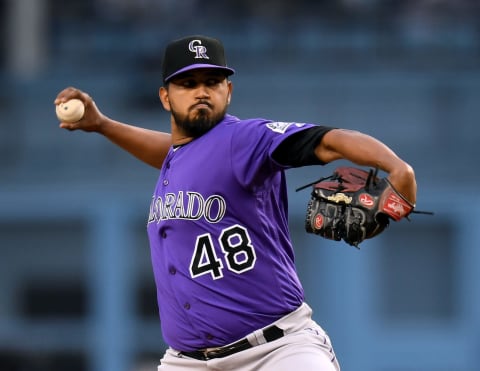 LOS ANGELES, CALIFORNIA – JUNE 21: German Marquez #48 of the Colorado Rockies pitches against the Los Angeles Dodgers during the first inning at Dodger Stadium on June 21, 2019 in Los Angeles, California. (Photo by Harry How/Getty Images)