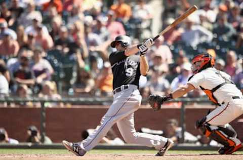 SAN FRANCISCO, CA – JUNE 28: DJ LeMahieu #9 of the Colorado Rockies hits a two-run home run in the ninth inning against the San Francisco Giants at AT&T Park on June 28, 2018 in San Francisco, California. (Photo by Ezra Shaw/Getty Images)