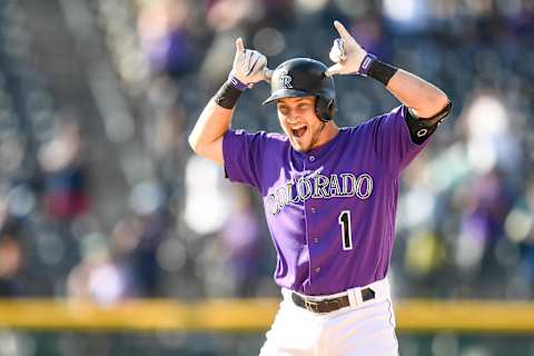 DENVER, CO – AUGUST 18: Garrett Hampson #1 of the Colorado Rockies celebrates after hitting a 10th inning walk-off sacrifice single to defeat the Miami Marlins at Coors Field on August 18, 2019 in Denver, Colorado. (Photo by Dustin Bradford/Getty Images)