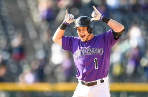 DENVER, CO – AUGUST 18: Garrett Hampson #1 of the Colorado Rockies celebrates after hitting a 10th inning walk-off sacrifice single to defeat the Miami Marlins at Coors Field on August 18, 2019 in Denver, Colorado. (Photo by Dustin Bradford/Getty Images)