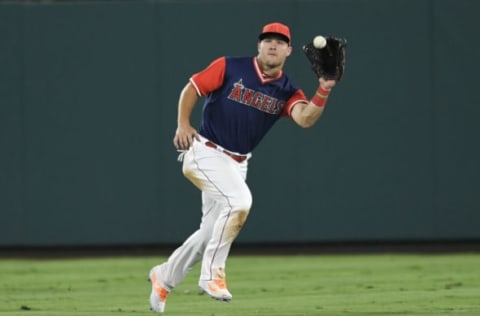 ANAHEIM, CA – APRIL 21: Mike Trout #27 of the Los Angeles Angels of Anaheim catches a fly ball against the Houston Astros in the sixth inning at Angel Stadium on April 21, 2018 in Anaheim, California. (Photo by John McCoy/Getty Images)