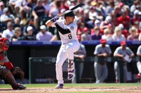 DENVER, CO – SEPTEMBER 12: Josh Fuentes #8 of the Colorado Rockies bats during the game against the St. Louis Cardinals at Coors Field on September 12, 2019 in Denver, Colorado. The Cardinals defeated the Rockies 10-3. (Photo by Rob Leiter/MLB Photos via Getty Images)