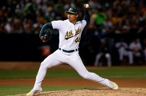 OAKLAND, CA – SEPTEMBER 21: Jesus Luzardo #44 of the Oakland Athletics pitches against the Texas Rangers during the seventh inning at the RingCentral Coliseum on September 21, 2019 in Oakland, California. The Oakland Athletics defeated the Texas Rangers 12-3. (Photo by Jason O. Watson/Getty Images)