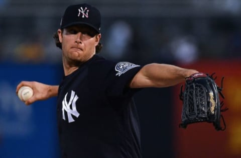 TAMPA, FLORIDA – FEBRUARY 24: Gerrit Cole #45 of the New York Yankees delivers a pitch in the first inning during the spring training game against the Pittsburgh Pirates at Steinbrenner Field on February 24, 2020 in Tampa, Florida. (Photo by Mark Brown/Getty Images)