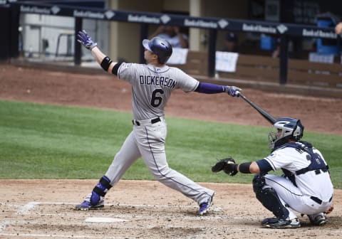 SAN DIEGO, CA – SEPTEMBER 10: Corey Dickerson #6 of the Colorado Rockies hits a solo home run against the San Diego Padres at Petco Park September 10, 2015 in San Diego, California. (Photo by Denis Poroy/Getty Images)