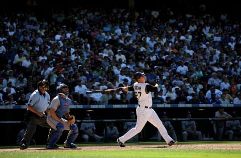 DENVER – AUGUST 27: Garrett Atkins #27 of the Colorado Rockies takes an at-bat at Coors Field on August 27, 2009 in Denver, Colorado. (Photo by Doug Pensinger/Getty Images)