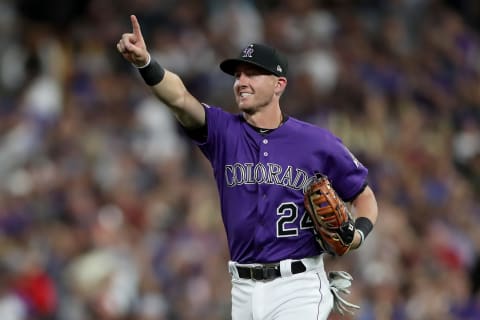 DENVER, COLORADO – JUNE 29: Ryan McMahon #24 of the Colorado Rockies celebrates the final out against the Los Angeles Dodgers at Coors Field on June 29, 2019 in Denver, Colorado. (Photo by Matthew Stockman/Getty Images)