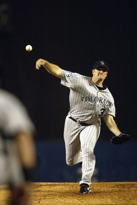 LOS ANGELES – SEPTEMBER 25: Pitcher Jason Jennings #32 of the Colorado Rockies against the Los Angeles Dodgers on September 25, 2002 at Dodger Stadium in Los Angeles, California. (Photo by Stephen Dunn/Getty Images)