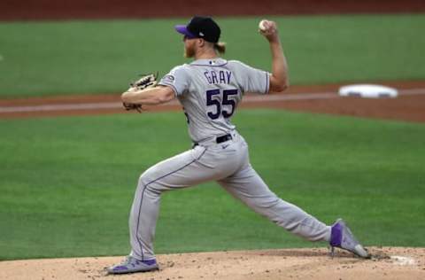 ARLINGTON, TEXAS – JULY 25: Jon Gray #55 of the Colorado Rockies throws against the Texas Rangers in the first inning at Globe Life Field on July 25, 2020 in Arlington, Texas. The 2020 season had been postponed since March due to the COVID-19 pandemic. (Photo by Ronald Martinez/Getty Images)