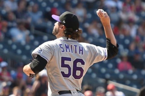 WASHINGTON, DC – MAY 29: Chad Smith #56 of the Colorado Rockies pitches in his major league debut in the seventh inning during a baseball game against the Washington Nationals at Nationals Park on May 29, 2022 in Washington, DC. (Photo by Mitchell Layton/Getty Images)