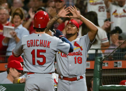 Sep 1, 2017; San Francisco, CA, USA; St. Louis Cardinals left fielder Randal Grichuk (15) high fives starting pitcher Carlos Martinez (18) after hitting a home run against the San Francisco Giants during the seventh inning at AT&T Park. Mandatory Credit: Kelley L Cox-USA TODAY Sports