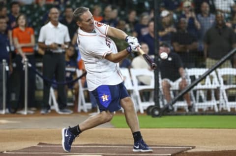 Aug 12, 2018; Houston, TX, USA; Former Houston Astros player and Hall of Fame member Craig Biggio participated in a home run derby before a game against the Seattle Mariners at Minute Maid Park. Mandatory Credit: Troy Taormina-USA TODAY Sports