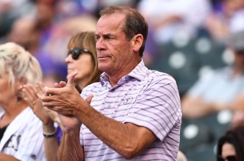 Sep 8, 2018; Denver, CO, USA; Colorado Rockies owner Dick Monfort reacts to a quick end to the top of the first inning against the Los Angeles Dodgers at Coors Field. He is representing MLB owners in labor negotations for the current MLB lockout. Mandatory Credit: Ron Chenoy-USA TODAY Sports