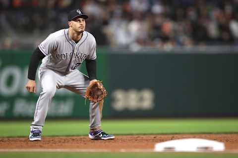 Apr 12, 2019; San Francisco, CA, USA; Colorado Rockies third baseman Nolan Arenado (28) stands in defensive position during the third inning against the San Francisco Giants at Oracle Park. Mandatory Credit: Darren Yamashita-USA TODAY Sports