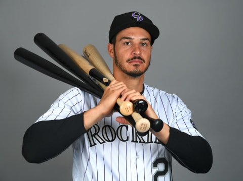 Feb 19, 2020; Scottsdale, Arizona, USA; Colorado Rockies third baseman Nolan Arenado (28) stands for a portrait on media day during spring training at Salt River Fields in Scottsdale. Mandatory Credit: Jayne Kamin-Oncea-USA TODAY Sports