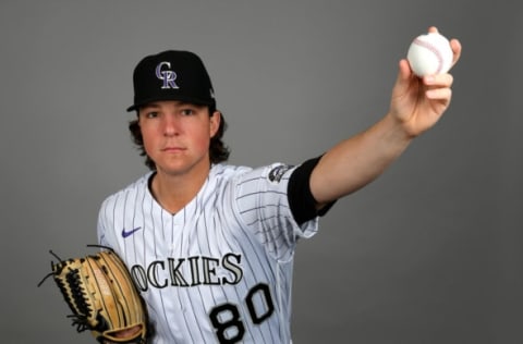 Feb 19, 2020; Scottsdale, Arizona, USA; Colorado Rockies pitcher Ryan Rolison (80) stands for a portrait on media day during spring training at Salt River Fields in Scottsdale. Mandatory Credit: Jayne Kamin-Oncea-USA TODAY Sports