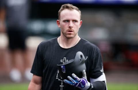 Jul 5, 2020; Denver, Colorado, United States; Colorado Rockies shortstop Trevor Story (27) during workouts at Coors Field. Mandatory Credit: Isaiah J. Downing-USA TODAY Sports