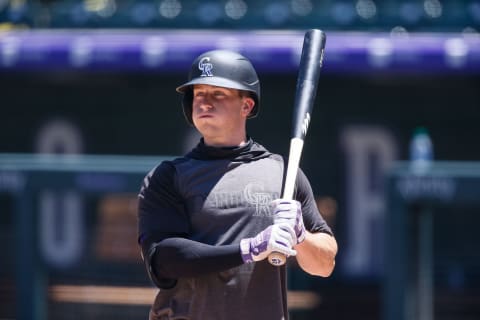 Jul 8, 2020; Denver, Colorado, United States; Colorado Rockies infielder Bret Boswell (82) bats during workouts at Coors Field. Mandatory Credit: Isaiah J. Downing-USA TODAY Sports