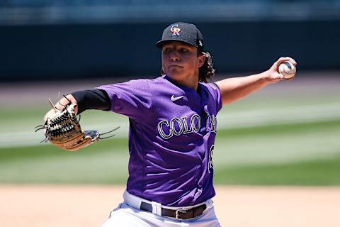 Jul 8, 2020; Denver, Colorado, United States; Colorado Rockies pitcher Ryan Rolison (80) pitches during workouts at Coors Field. Credit: Isaiah J. Downing-USA TODAY Sports