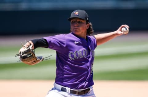 Jul 8, 2020; Denver, Colorado, United States; Colorado Rockies pitcher Ryan Rolison (80) pitches during workouts at Coors Field. Mandatory Credit: Isaiah J. Downing-USA TODAY Sports