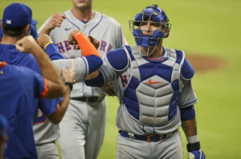 Aug 3, 2020; Atlanta, Georgia, USA; New York Mets catcher Wilson Ramos (40) celebrates with teammates after a victory against the Atlanta Braves at Truist Park. Mandatory Credit: Brett Davis-USA TODAY Sports