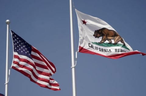 Aug 27, 2020; Inglewood, California, United States; A general overall view of United States and California flags at SoFi Stadium. Mandatory Credit: Kirby Lee-USA TODAY Sports