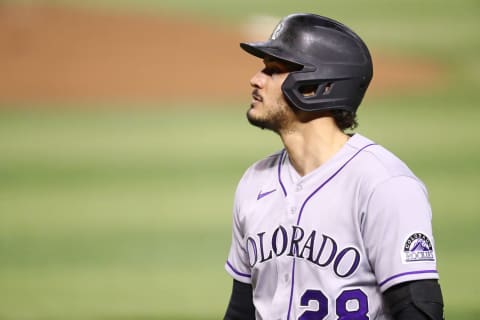 Aug 25, 2020; Phoenix, Arizona, USA; Colorado Rockies third baseman Nolan Arenado against the Arizona Diamondbacks at Chase Field. Mandatory Credit: Mark J. Rebilas-USA TODAY Sports