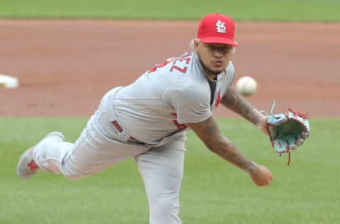 Sep 18, 2020; Pittsburgh, Pennsylvania, USA; St. Louis Cardinals relief pitcher Carlos Martinez (18) delivers a pitch against the Pittsburgh Pirates during the first inning at PNC Park. Mandatory Credit: Charles LeClaire-USA TODAY Sports