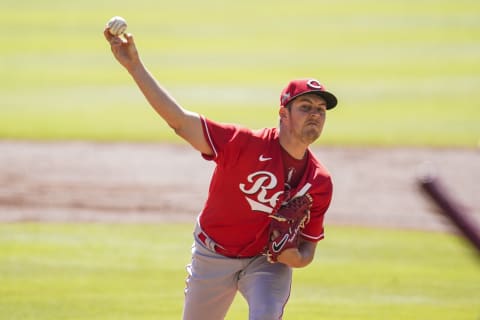 Sep 30, 2020; Cumberland, Georgia, USA; Cincinnati Reds starting pitcher Trevor Bauer (27) pitches against the Atlanta Braves during the second inning at Truist Park. Mandatory Credit: Dale Zanine-USA TODAY Sports