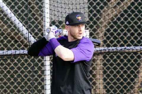 Feb 26, 2021; Scottsdale, Arizona, USA; Colorado Rockies shortstop Trevor Story (27) takes batting practice during spring training at Salt river Fields. Mandatory Credit: Rick Scuteri-USA TODAY Sports