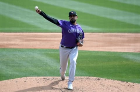 Mar 7, 2021; Phoenix, Arizona, USA; Colorado Rockies starting pitcher German Marquez (48) pitches against the Chicago White Sox during the second inning of a spring training game at Camelback Ranch. Mandatory Credit: Joe Camporeale-USA TODAY Sports