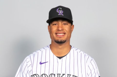 Mar 1, 2021; Scottsdale, AZ, USA; Colorado Rockies Helcris Olivarez #73 poses during media day at at Salt River Fields at Talking Stick. Mandatory Credit: MLB photos via USA TODAY Sports