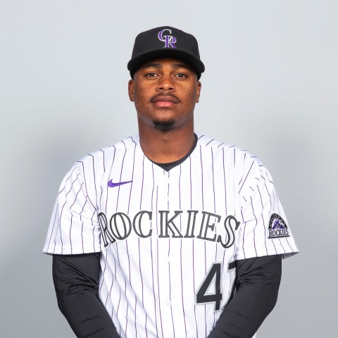 Mar 1, 2021; Scottsdale, AZ, USA; Colorado Rockies Elehuris Montero #47 poses during media day at at Salt River Fields at Talking Stick. Mandatory Credit: MLB photos via USA TODAY Sports