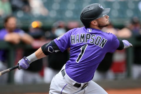 Mar 26, 2021; Goodyear, Arizona, USA; Colorado Rockies second baseman Garrett Hampson (1) bats against the Cleveland Indians during the first inning at Goodyear Ballpark. Mandatory Credit: Joe Camporeale-USA TODAY Sports