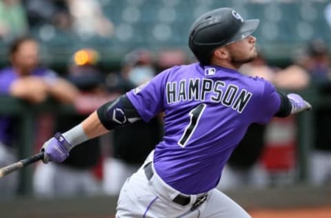 Mar 26, 2021; Goodyear, Arizona, USA; Colorado Rockies second baseman Garrett Hampson (1) bats against the Cleveland Indians during the first inning at Goodyear Ballpark. Mandatory Credit: Joe Camporeale-USA TODAY Sports