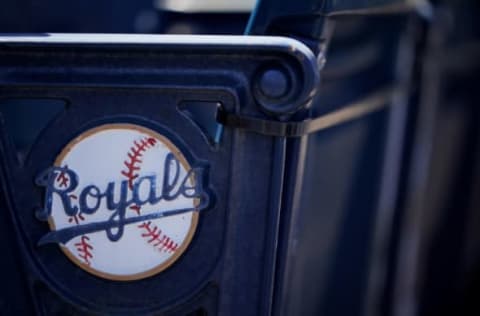 Apr 1, 2021; Kansas City, Missouri, USA; A general view of the Kansas City Royals logo on seats with complimentary flags for fans before the Opening Day game against the Texas Rangers Kauffman Stadium. Mandatory Credit: Denny Medley-USA TODAY Sports