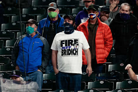 Apr 7, 2021; Denver, Colorado, USA; A fan wears a shirt directed towards Colorado Rockies general manager Jeff Bridich (not pictured) in the eighth inning against the Arizona Diamondbacks at Coors Field. Mandatory Credit: Isaiah J. Downing-USA TODAY Sports