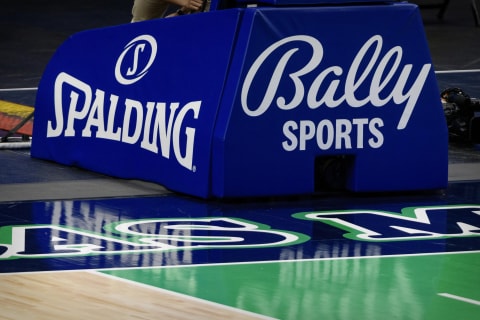 Apr 8, 2021; Dallas, Texas, USA; A view of the Spalding logo and the Bally Sports logo before the game between the Dallas Mavericks and the Milwaukee Bucks at the American Airlines Center. Mandatory Credit: Jerome Miron-USA TODAY Sports