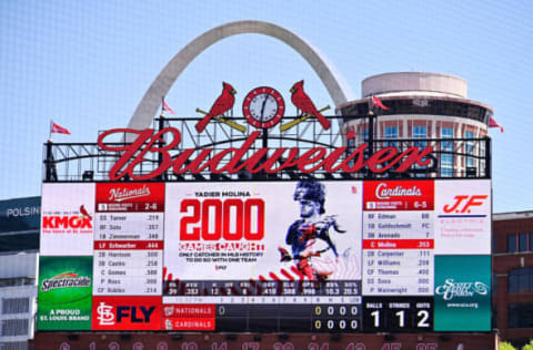 Apr 14, 2021; St. Louis, Missouri, USA; The St. Louis Cardinals salute catcher Yadier Molina (4) for starting his 2,000 game as catcher for one organization during the first inning against the Washington Nationals at Busch Stadium. Mandatory Credit: Jeff Curry-USA TODAY Sports