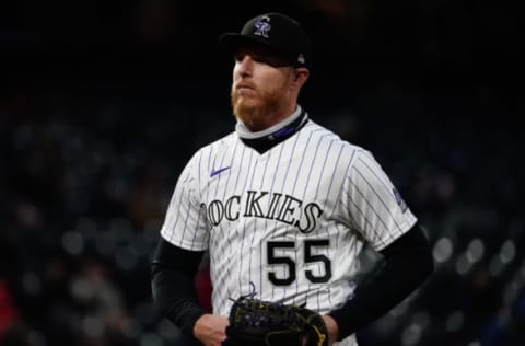 Apr 20, 2021; Denver, Colorado, USA; Colorado Rockies starting pitcher Jon Gray (55) leaves the field during fourth inning against the Houston Astros at Coors Field. Mandatory Credit: Ron Chenoy-USA TODAY Sports