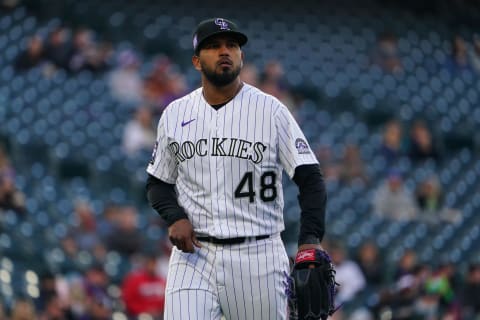 Apr 23, 2021; Denver, Colorado, USA; Colorado Rockies starting pitcher German Marquez (48) walks off the mound in the first inning against the Philadelphia Phillies at Coors Field. Mandatory Credit: Ron Chenoy-USA TODAY Sports