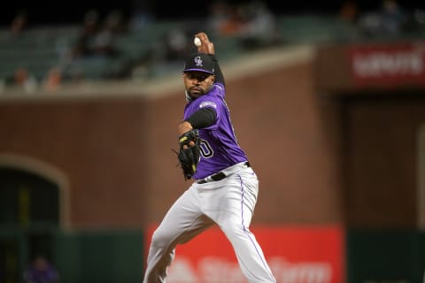 Apr 27, 2021; San Francisco, California, USA; Colorado Rockies pitcher Mychal Givens (60) delivers a pitch against the San Francisco Giants during the eighth inning at Oracle Park. Mandatory Credit: D. Ross Cameron-USA TODAY Sports